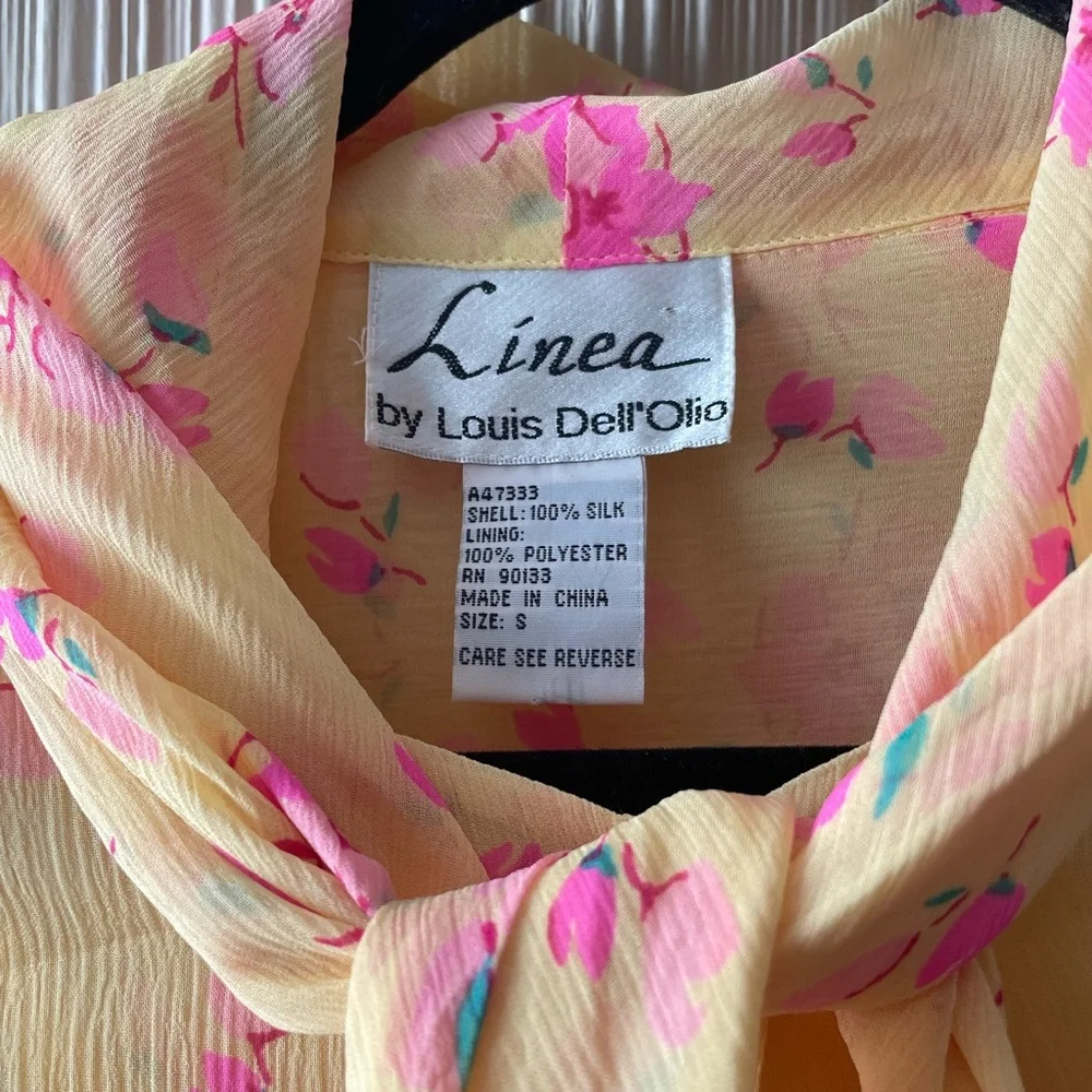 Linea by Louis Dell'Olio Yellow and Pink Floral 100% Silk Blouse - Picture 3 of 7